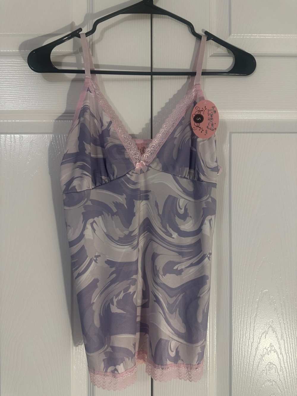 Ladies Purple Swirl Satin Chemise with Pink Trim